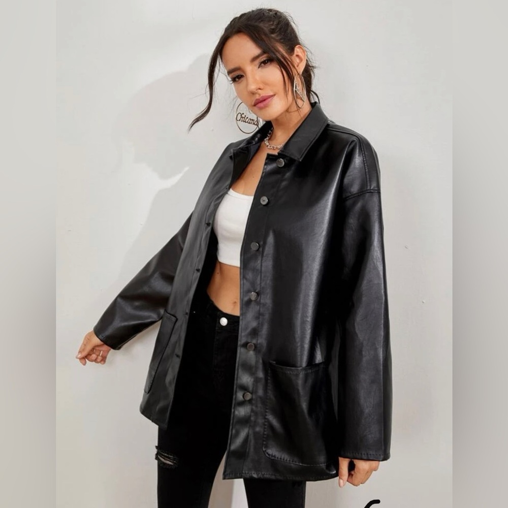 SHEIN Black Leather Jacket - Button Down - Size S
